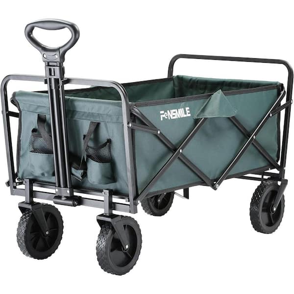 Unbranded 4.9 cu. ft. Fabric PVC Garden Cart, 2-Fold Collapsible Wagon Cart with Metal Frame, Cup Holder, Adjustable Handle, Green