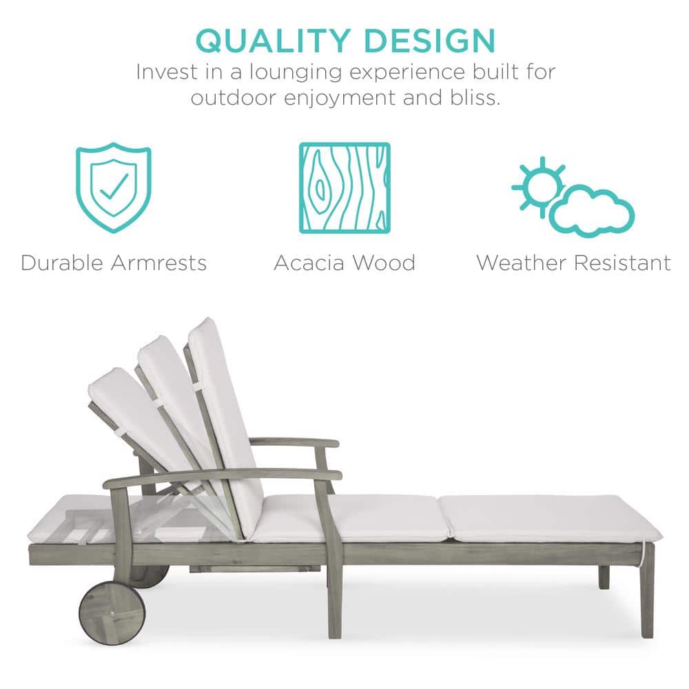 Gray Acacia Wood Outdoor Chaise Lounge with Cream Cushions
