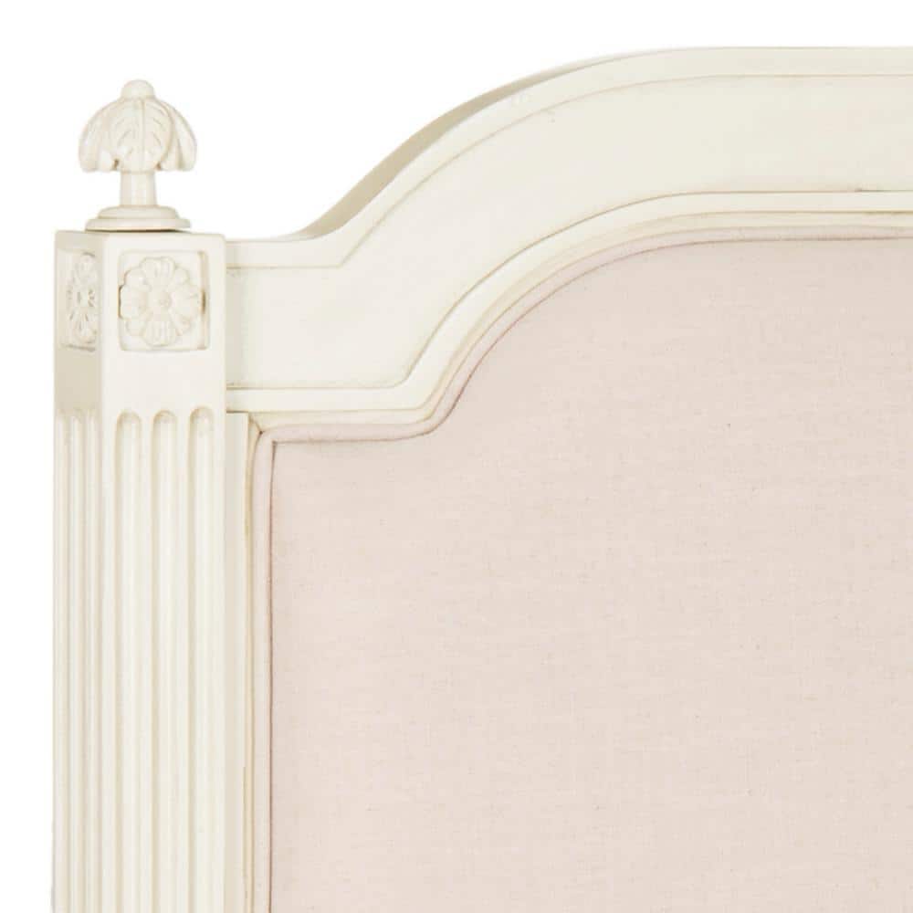 Beige Linen Upholstered Queen Headboard with Carved Wood Accents