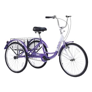 26 in. Adults Tricycle Trikes, Steel Frame with Large Shopping Basket for Women and Men in Purple