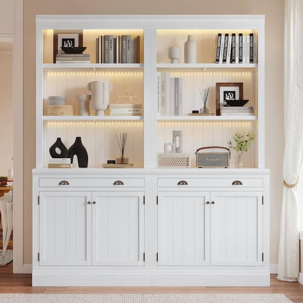 83.4 in. Tall White Solid Wood Bookcase with 3-Pieces LED Lighting, Doors, 1 Drawer and Open Shelves