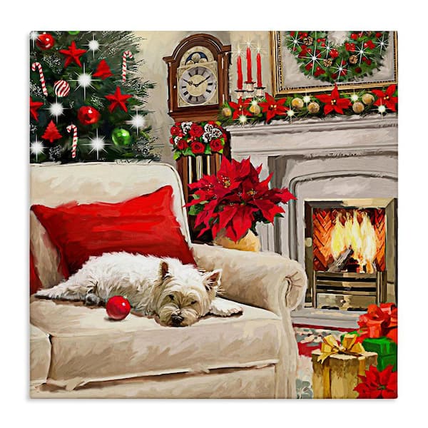 Stupell Industries Cozy Dog by Holiday Mantle byAdam Sanderson 1 Piece Unframed Graphic Print Animal Poster Art Print 24 in. x 24 in.