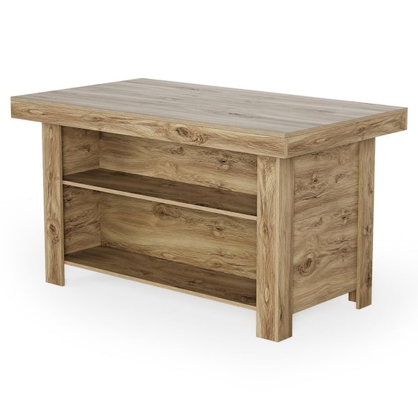 Halseey Light Wood Color 55 in. Kitchen Island with Storage, Farmhouse Stationary Island Table Counter Height Bar Table