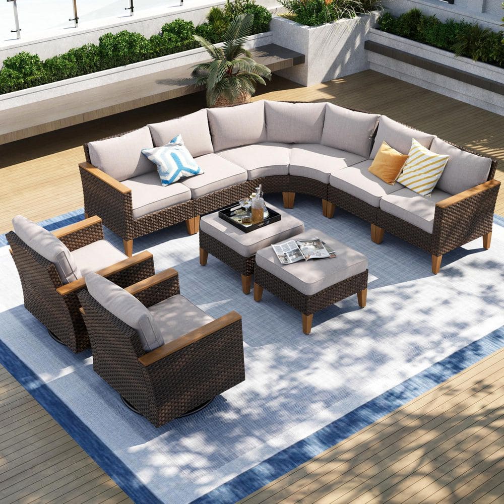 PHI VILLA Brown Wicker Rattan 10 Seat 10-Piece Steel Outdoor Patio