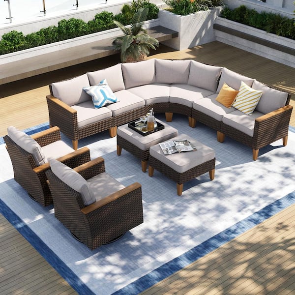 PHI VILLA Brown Wicker Rattan 10 Seat 10-Piece Steel Outdoor Patio Sectional Set with Beige Cushions,2 Swivel Sofas and 2 Ottomans