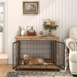 38.58 in. W Rustic Brown Furniture Style Dog Crate Side Table on Wheels with Double Doors and Lift Top