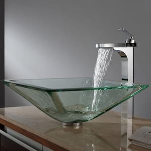 Single-Tone 16.5 in. Square Vessel Bathroom Sink in Crystal Clear Glass