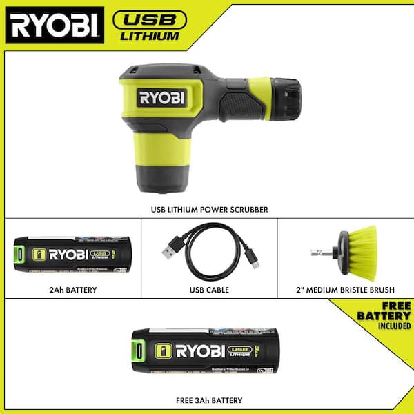 USB Lithium Compact Scrubber Kit with 2.0 Ah Battery, USB Charging Cord, 2" Brush, and FREE USB Lithium 3.0 Ah Battery