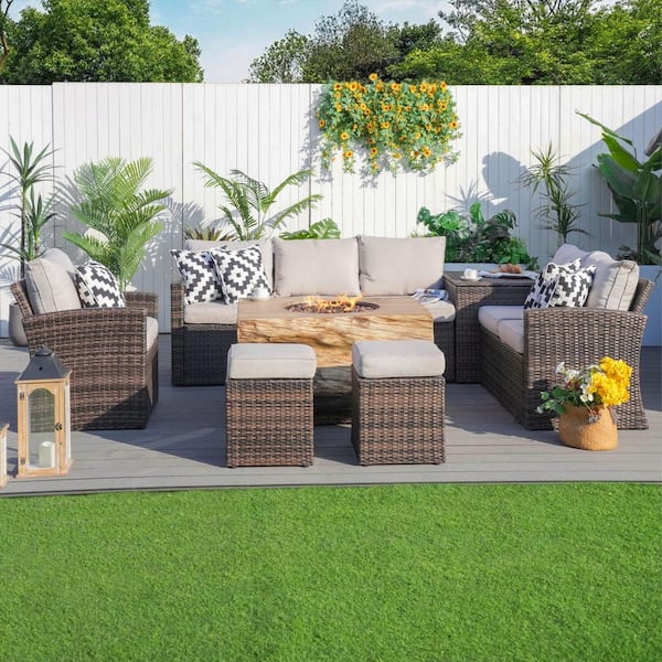 7-Piece Wicker Patio Fire Pit Seating Set with Beige Cushions