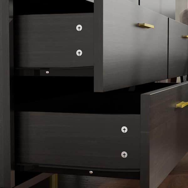 FUFU&GAGA 6-Drawers Black Wood Dresser Storage Cabinet Organizer with Metal Leg 54 in. W x 15.6 in. D x 30.1 in. H
