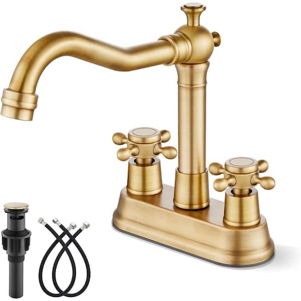 4 in. Centerset Double Handle Bathroom Faucet with Drain Kit Included in Antique Brass