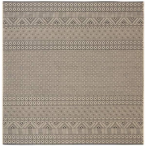 Courtyard Beige/Black 7 ft. x 7 ft. Square Geometric Indoor/Outdoor Patio  Area Rug