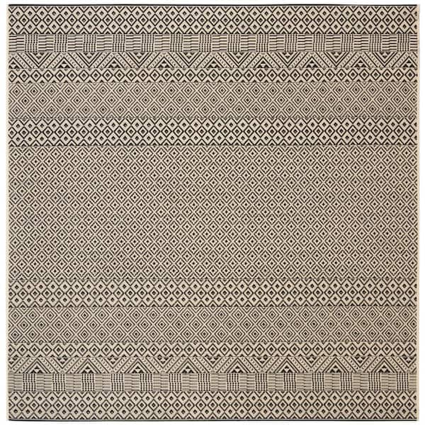 SAFAVIEH Courtyard Beige/Black 7 ft. x 7 ft. Square Geometric Indoor/Outdoor Patio  Area Rug