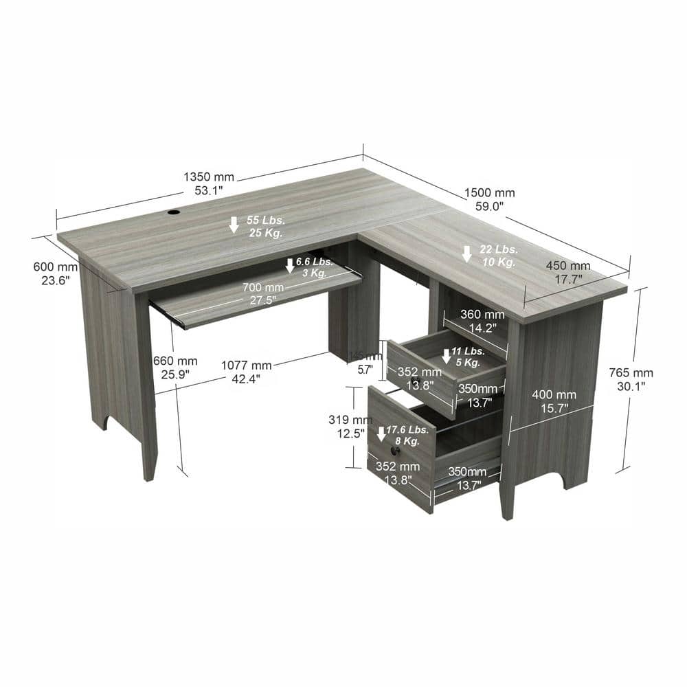 Luxe Gray Smoke Oak L-Shaped Computer Desk with Storage