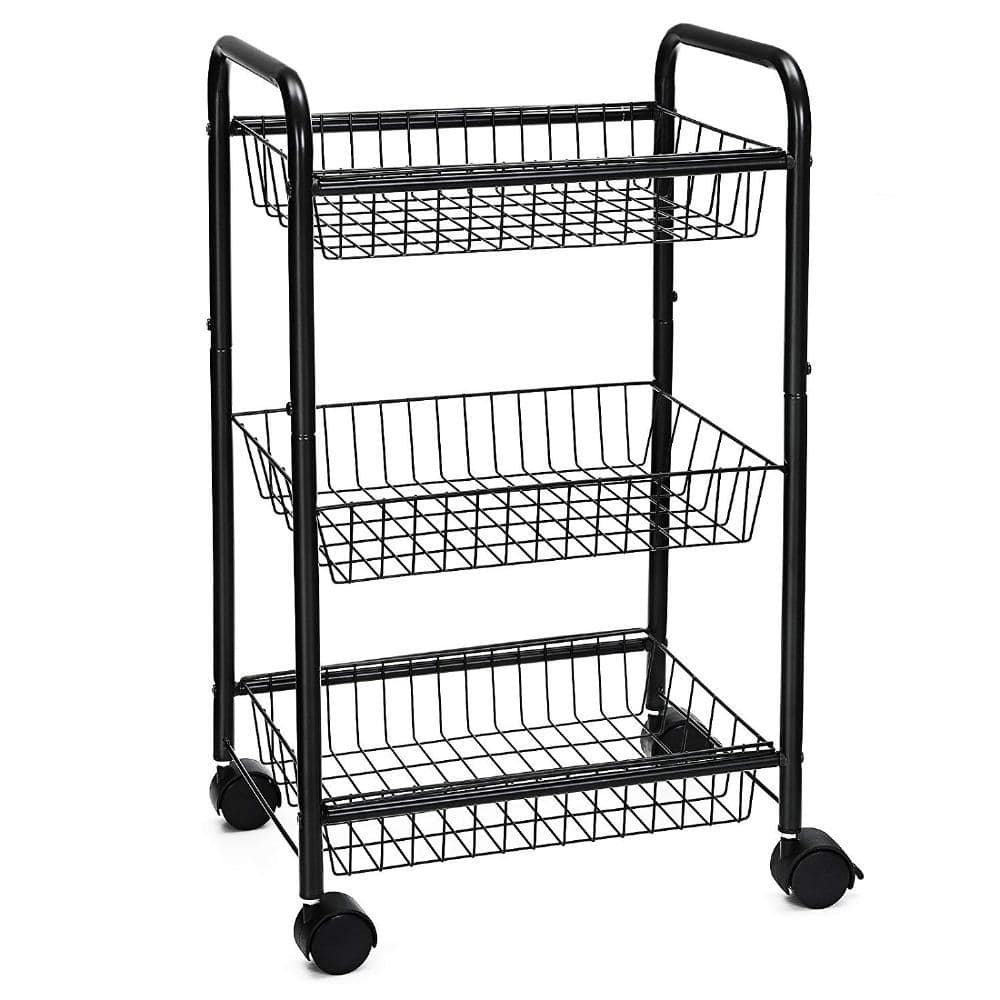 Benjara Black 3Tier Metal Frame Kitchen Cart with Casters and Grid