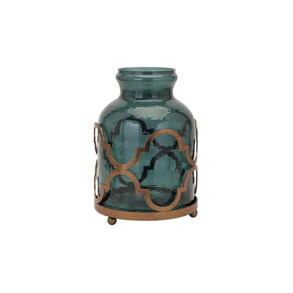 Unbranded Lea 15.25 in Glass and Iron Decorative Vase in Blue and Bronze
