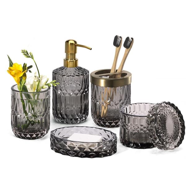 6-Piece Clear Glass Bathroom Accessory Set in Gray, Contemporary Modern Decor Crystal Vintage Gift