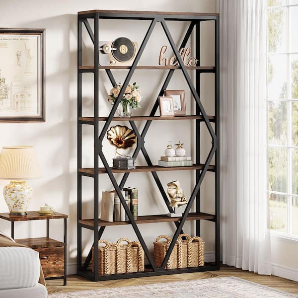Eulas 71 in. Tall Brown Wood 6-Shelf Standard Bookcase with Storage, Freestanding Open Book Shelf Display Shelf