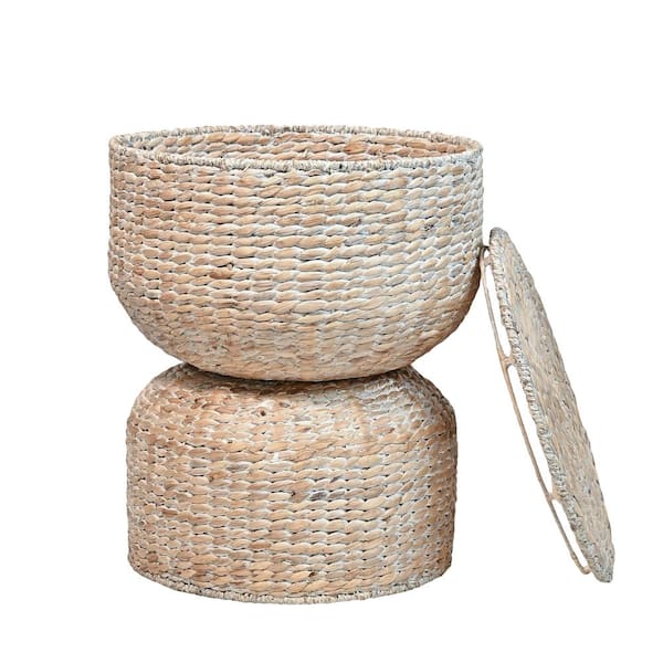happimess Bhola 18 in. Hourglass Handwoven Hyacinth Storage Accent Table with Lid, White Wash