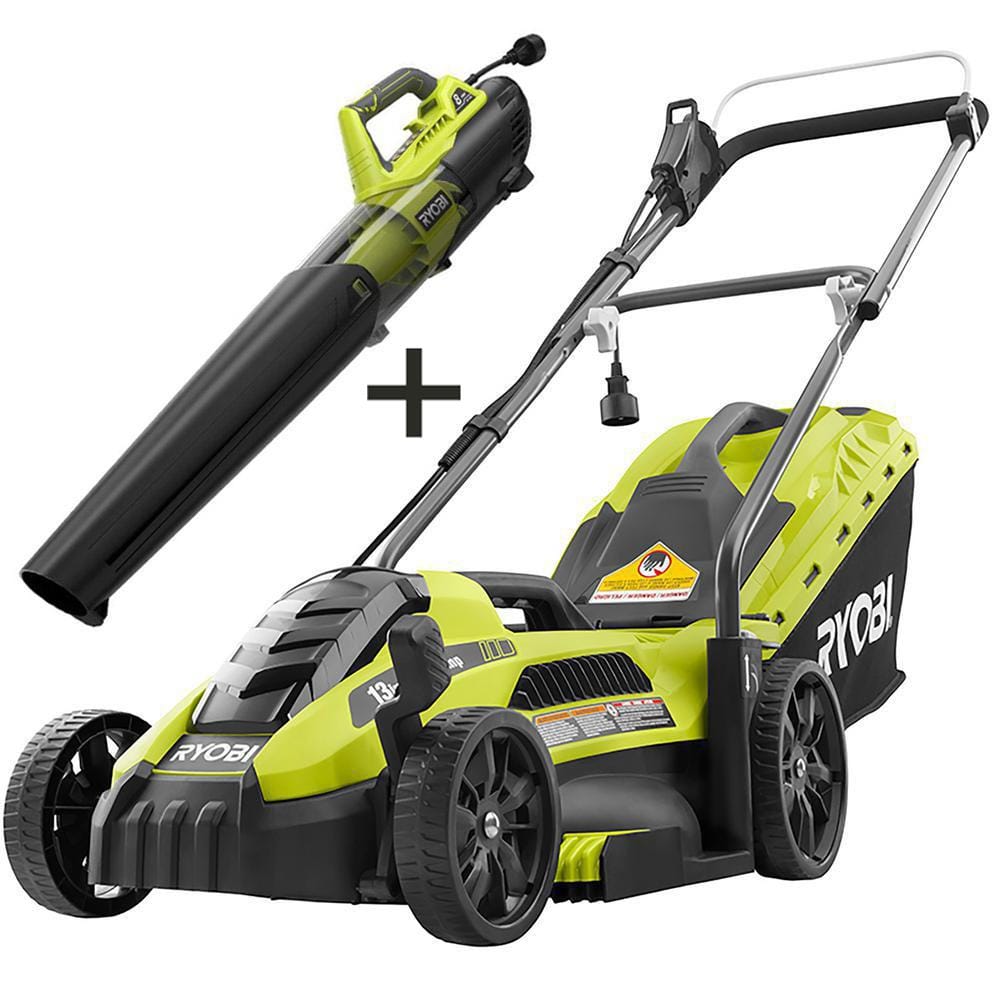 Ryobi 13 In 11 Amp Corded Electric Walk Behind Push Mower And 8 Amp Electric Jet Fan Blower Ryac130 2x The Home Depot