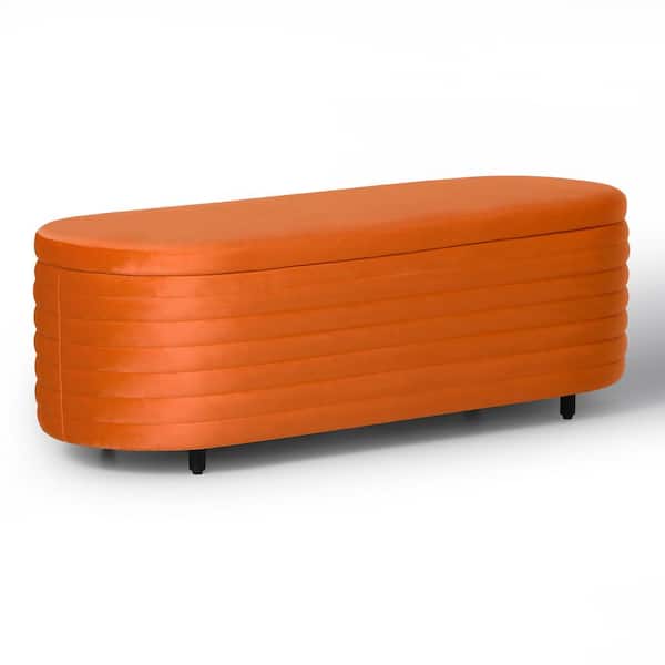 Farrah 54 in. Wide Oval Velvet Upholstered Entryway Flip Top Storage Bedroom Accent Bench in Orange