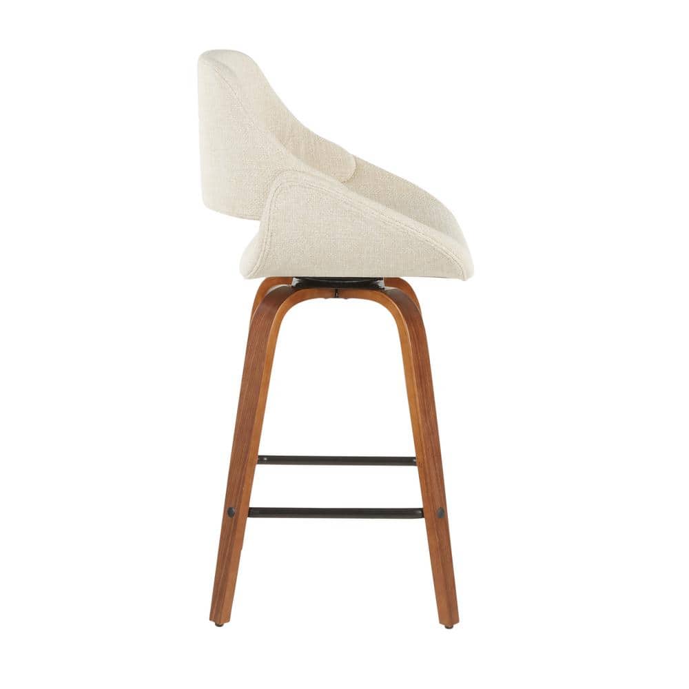 Walnut and Cream Fabric Mid-Century Modern Swivel Counter Stool, Set of 2