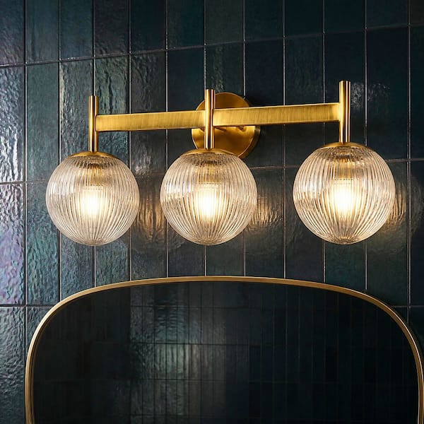 Modern 22 in. 3-Light Plated Brass Bathroom Vanity Light, Powder Room Wall Light with Textured Globe Glass Shades