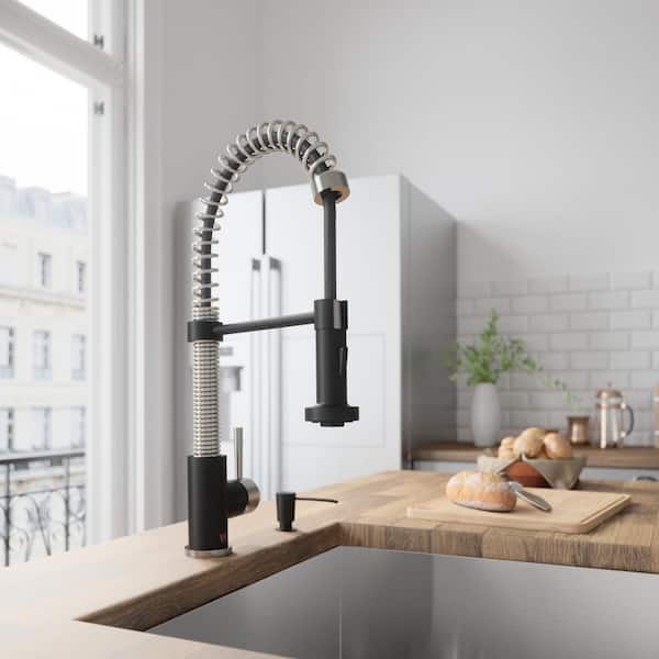 Edison Single Handle Pull-Down Sprayer Kitchen Faucet Set with Soap Dispenser in Stainless Steel and Matte Black