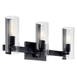 Jemsa 22.75 in. 3-Light Black Soft Modern Bathroom Vanity Light with Clear Fluted Glass