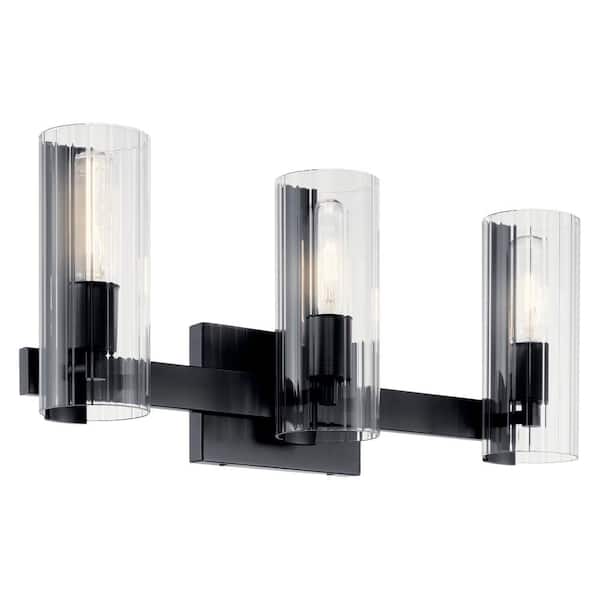 KICHLER Jemsa 22.75 in. 3-Light Black Soft Modern Bathroom Vanity Light with Clear Fluted Glass