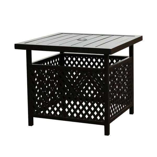 small outdoor table with hole for umbrella