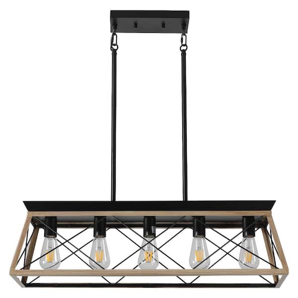 5-Light Farmhouse Chandeliers Pendant For Dining Room in Oak, Metal Rustic Island Light Fixture