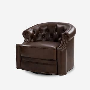 Amalia 32 in. Chocolate Tufted Genuine Leather Swivel Arm Chair with Base