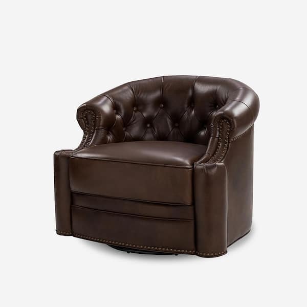 JAYDEN CREATION Amalia 32 in. Chocolate Tufted Genuine Leather Swivel Arm Chair with Base