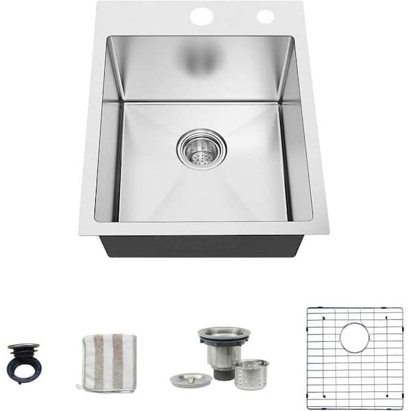 ANGELES HOME 18 in. L Drop-in Topmounted Single Bowl 16-Gauge 304 Stainless Steel Kitchen Sink, Silver