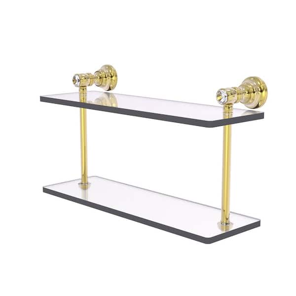 Allied Brass Carolina Crystal 16 in. x 9.2 in. H x 5.6 in. D Brass Rectangular 2-Tiered Glass Shelf in Unlacquered Brass