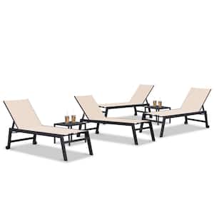 6-Pieces Aluminum Outdoor Chaise Lounge Patio Lounge Chair with Side Table and Wheels, Beige