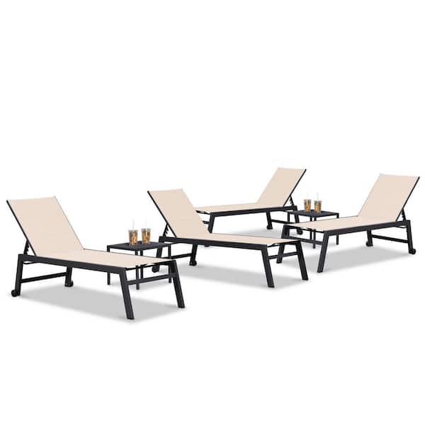 PURPLE LEAF 6-Pieces Aluminum Outdoor Chaise Lounge Patio Lounge Chair with Side Table and Wheels, Beige