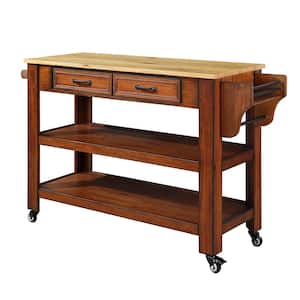 Kitchen Island Wood Outdoor Bar Rolling Cart with Storage, Solid OAK Wood Top, 2-Sided, Wheels and 2-Drawers in Walnut