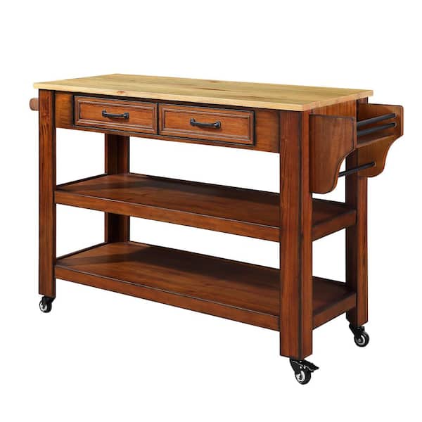 Misopily Kitchen Island Wood Outdoor Bar Rolling Cart with Storage, Solid OAK Wood Top, 2-Sided, Wheels and 2-Drawers in Walnut