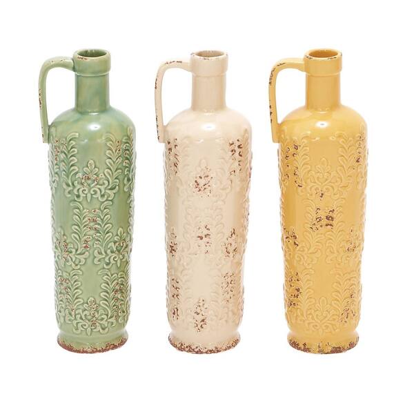 Photo 1 of 14 in. Ceramic Decorative Vase in Distressed Green, Ivory and Yellow (Set of 3)