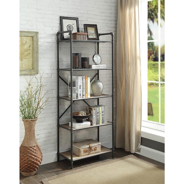 Acme Furniture 63 in. Sandy Gray/Oak Metal 5-shelf Etagere