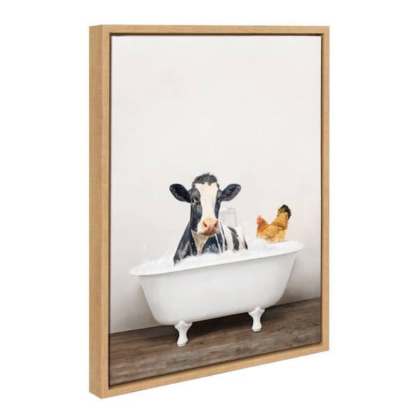 Kate and Laurel Sylvie Cow and Chicken in Rustic Bath by Amy Peterson Art Studio Framed Art Print 18 in. x 24 in.