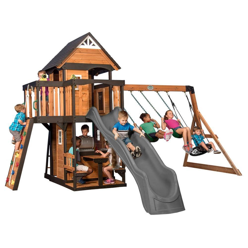 Canyon Creek All Cedar Swing Set Playset w/ Rockwall Upper Fort Belt Swings Web Swing Gray Wave Slide, and Play Kitchen -  Backyard Discovery, 2300026COM