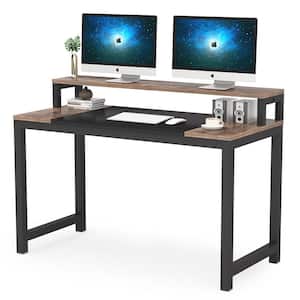 Alan 47 in. Rectangular Black Metal and Brown Particle Wood Board Top Computer Desk with Monitor Stand Shelf