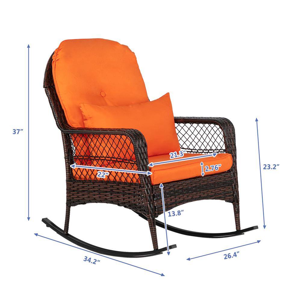 Brown Wicker Outdoor Rocking Chair with Orange Cushions
