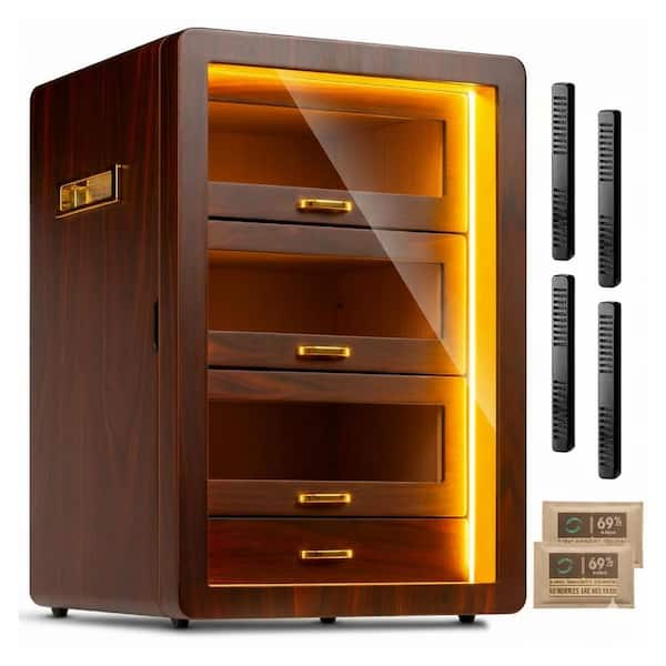 15.7 in. W x 10.6 in. H Walnut Cedar Wood Cigar Humidor Cabinet with Digital Hygrometer, LED Light and Humidifier