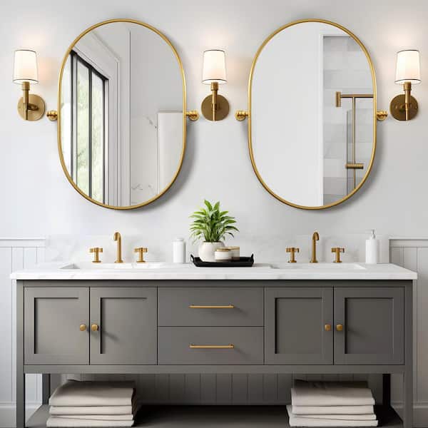 Lirago 23 in. W x 31 in. H Oval Metal Framed Pivoted Bathroom Wall Vanity Mirror in Gold (Set of 2)