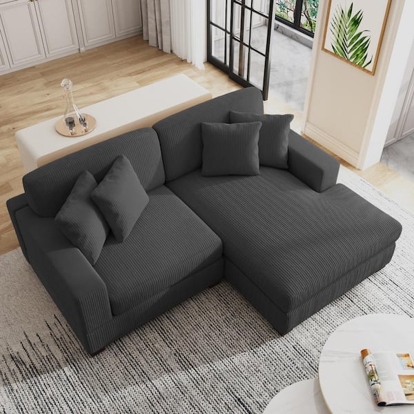 Uixe 83.4 in. W Square Arm 2-Piece Corduroy Fabric L-Shaped Modern Sectional Sofa in Gray with 4 Pillows