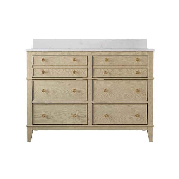 ANGELES HOME 48 in. Oak Solid Wood Bath Vanity with White Quartz Top, Single Sink, Soft-Close Drawers, CUPC Certified, Assembled